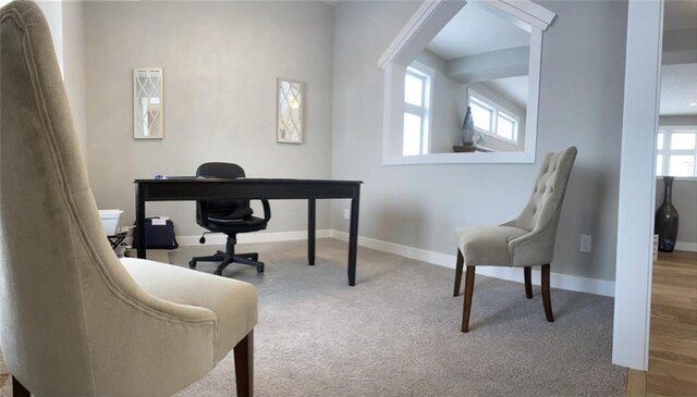 office with baseboards and light colored carpet