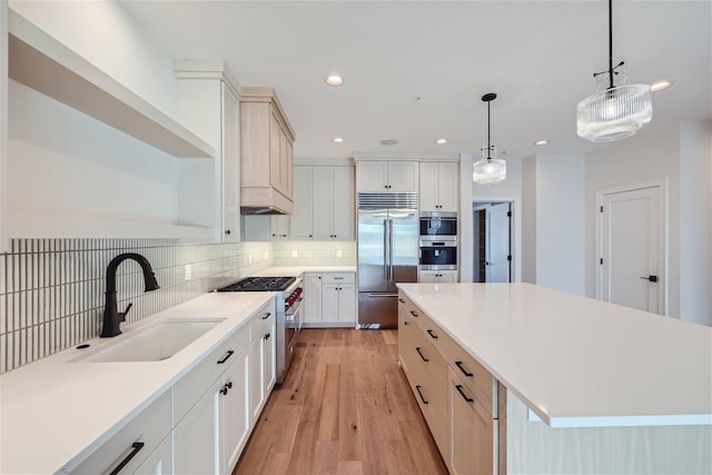 kitchen featuring decorative backsplash, premium appliances, sink, decorative light fixtures, and a large island