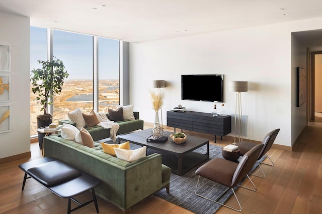 living room featuring hardwood / wood-style floors and expansive windows