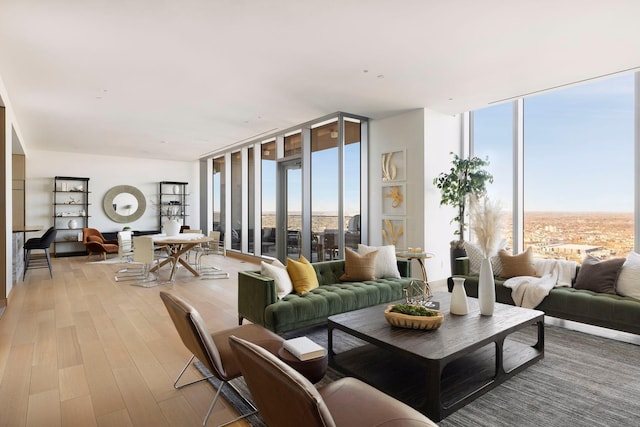 living room featuring light hardwood / wood-style flooring and a wall of windows