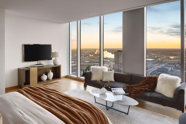 bedroom featuring light hardwood / wood-style floors and expansive windows