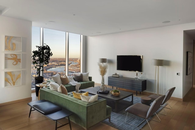 living room featuring expansive windows and hardwood / wood-style floors