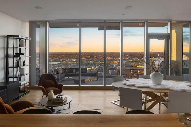 living room featuring a wall of windows and wood-type flooring