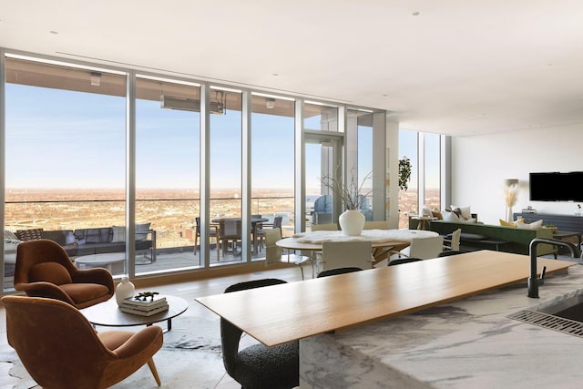 living room with a wealth of natural light, sink, and a wall of windows