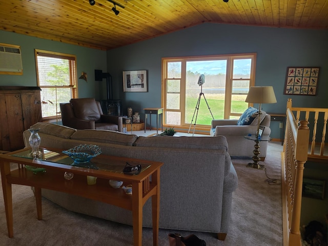 carpeted living room featuring wooden ceiling, vaulted ceiling, and an AC wall unit