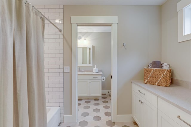 bathroom featuring shower / bath combination with curtain, tile flooring, and vanity