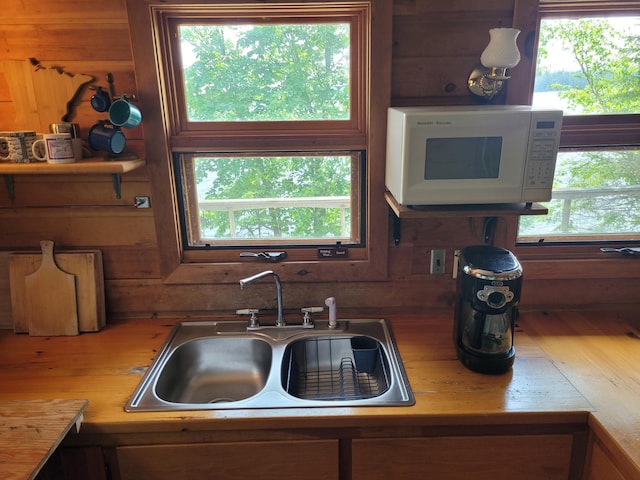 kitchen with wood walls, a wealth of natural light, hardwood / wood-style floors, and sink