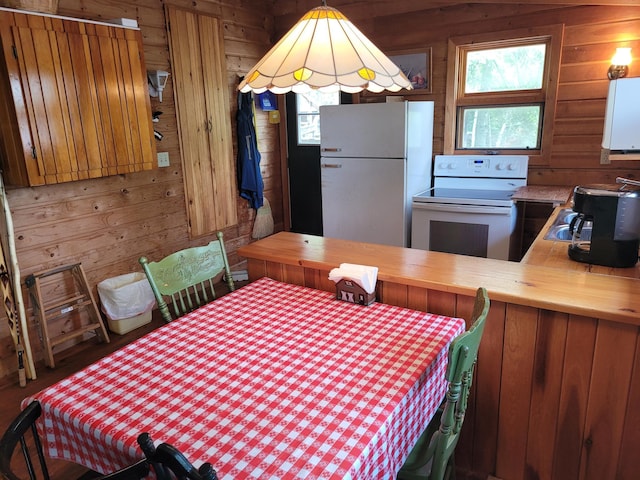 dining room with wooden walls