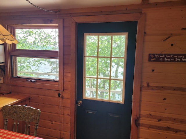 entryway with plenty of natural light and wood walls