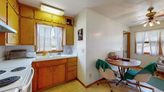 kitchen with white electric range, ceiling fan, a healthy amount of sunlight, and sink