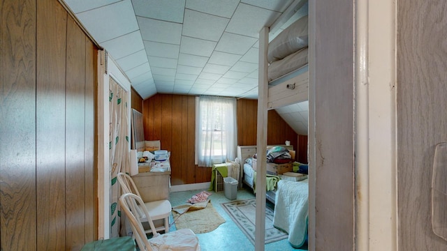 interior space with vaulted ceiling and wood walls