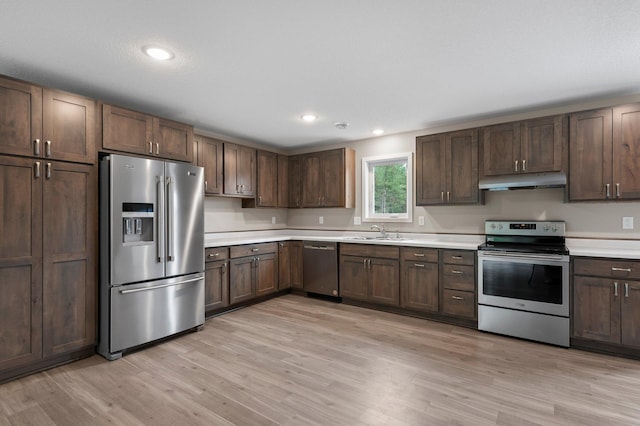 kitchen featuring light wood-type flooring, sink, dark brown cabinets, and stainless steel appliances