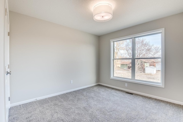 unfurnished room with a textured ceiling and light carpet