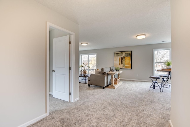 carpeted living room featuring a textured ceiling