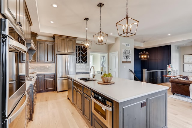 kitchen featuring appliances with stainless steel finishes, decorative light fixtures, tasteful backsplash, an island with sink, and sink