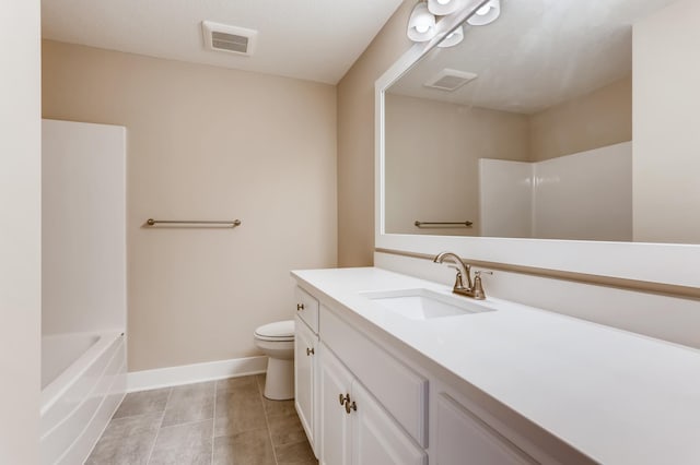 full bathroom featuring toilet, bathtub / shower combination, and vanity