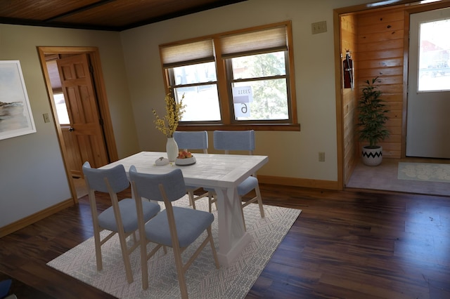 dining room with dark wood-type flooring and wooden ceiling