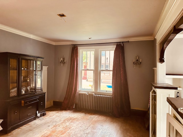 interior space with crown molding, light hardwood / wood-style floors, and radiator