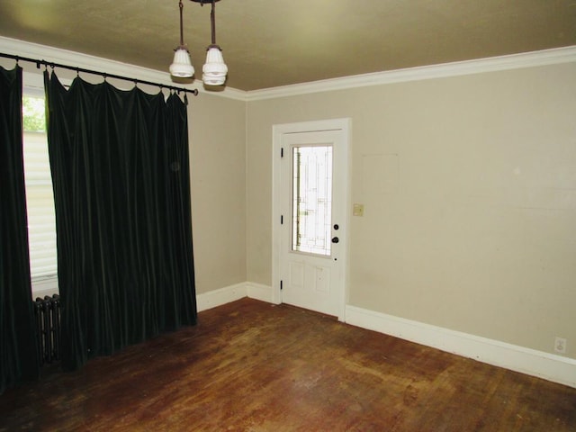 empty room featuring a notable chandelier, plenty of natural light, and dark hardwood / wood-style floors