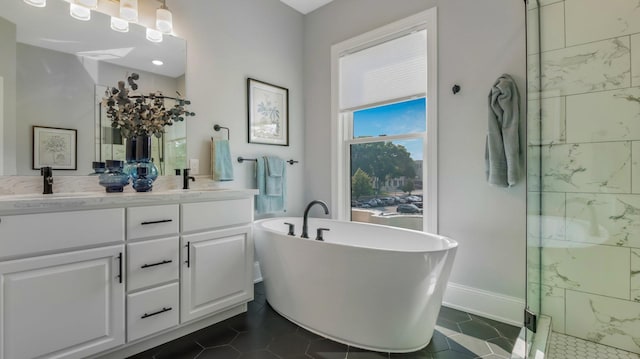 bathroom featuring tile patterned floors, vanity, and separate shower and tub