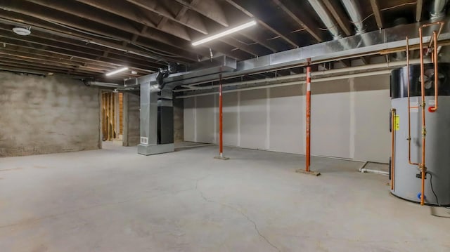 basement with heating unit and water heater