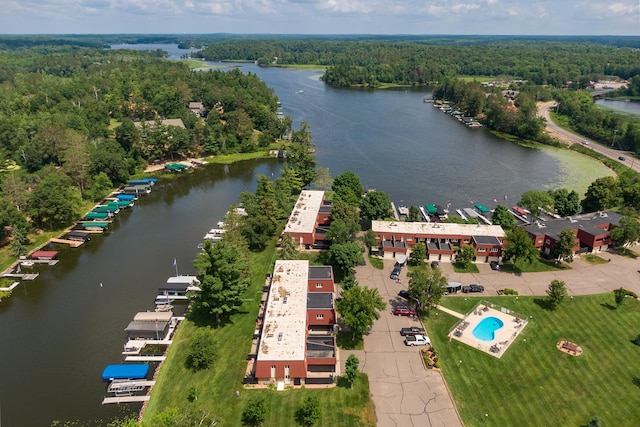 bird's eye view with a water view