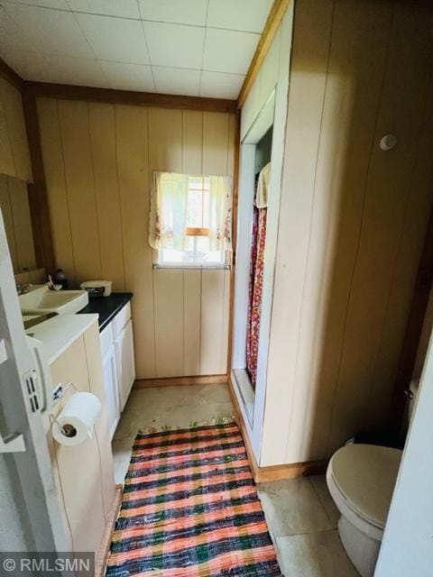 bathroom with tile floors, toilet, wood walls, and vanity