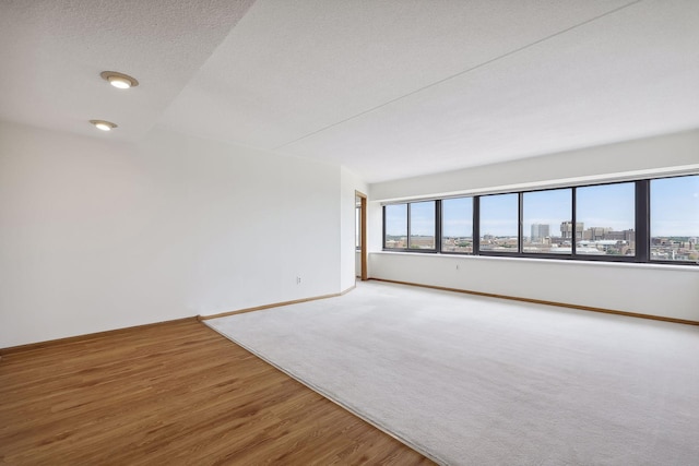 empty room featuring carpet, wood finished floors, baseboards, a textured ceiling, and a view of city