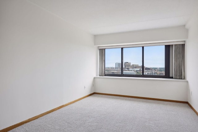 spare room with a city view, baseboards, and carpet floors