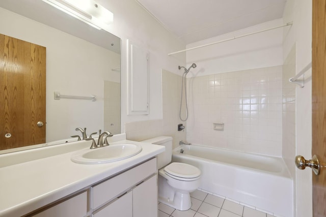 bathroom with toilet, bathtub / shower combination, tile patterned flooring, and vanity