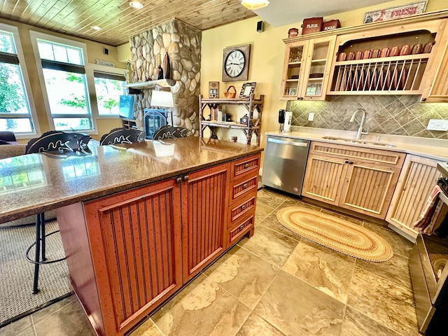 kitchen with sink, dishwasher, wood ceiling, and a breakfast bar