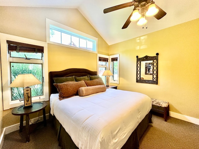 carpeted bedroom featuring lofted ceiling and ceiling fan