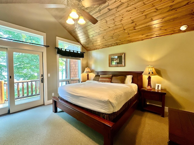 carpeted bedroom with ceiling fan, access to outside, vaulted ceiling, and wooden ceiling