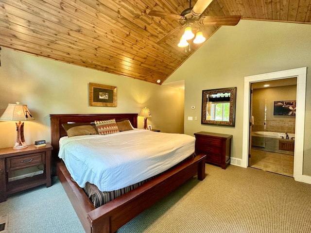 carpeted bedroom featuring wood ceiling, ceiling fan, high vaulted ceiling, and ensuite bath