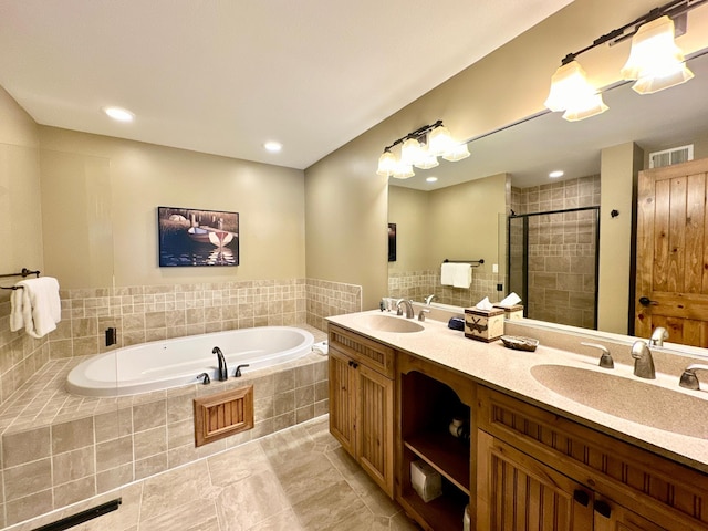 bathroom with vanity, separate shower and tub, and tile patterned flooring