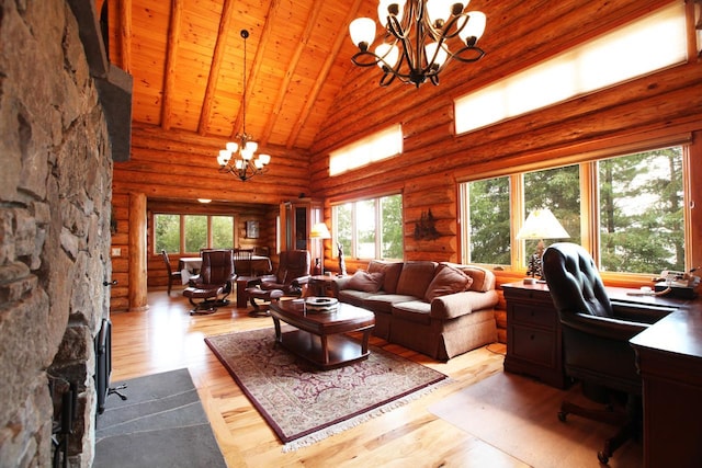 living room with an inviting chandelier, log walls, wood ceiling, light hardwood / wood-style floors, and high vaulted ceiling