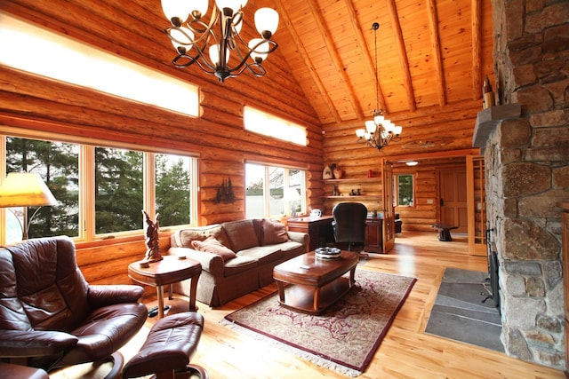 living room featuring log walls, wooden ceiling, a notable chandelier, light wood-type flooring, and a fireplace