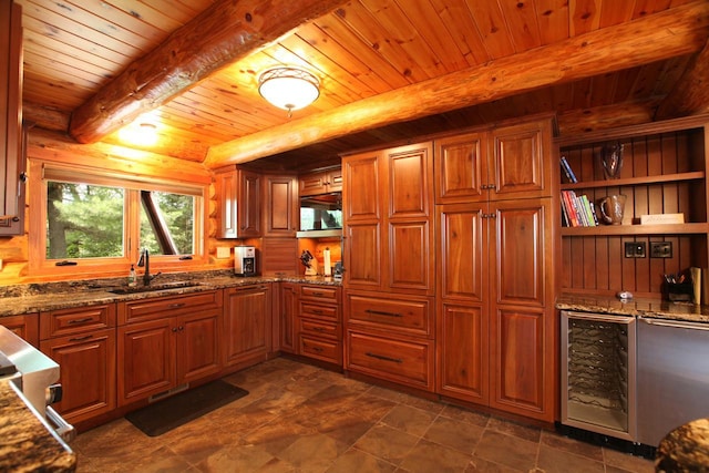 kitchen featuring sink, beam ceiling, wood ceiling, and dark tile flooring