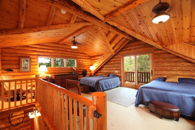 bedroom featuring lofted ceiling with beams, wood ceiling, access to outside, and rustic walls