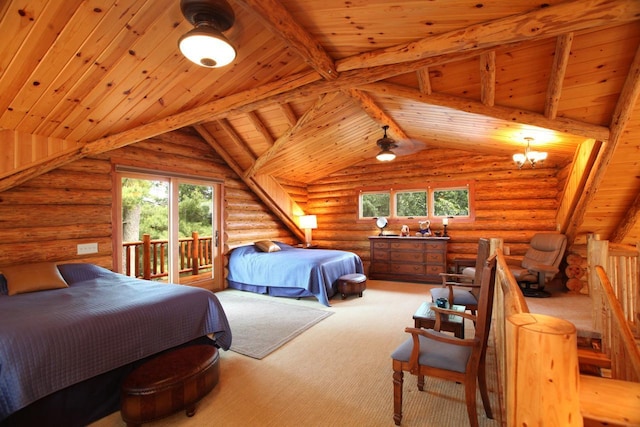 bedroom with log walls, wooden ceiling, an inviting chandelier, beamed ceiling, and access to outside