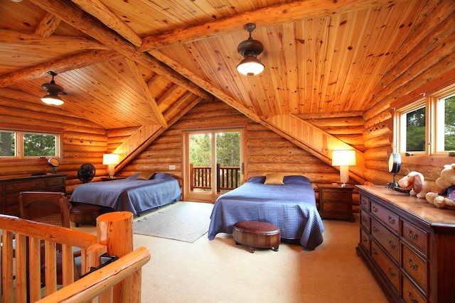 carpeted bedroom with vaulted ceiling with beams, log walls, access to outside, and wooden ceiling