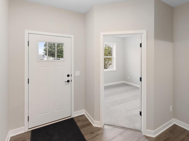 entrance foyer with baseboards and wood finished floors