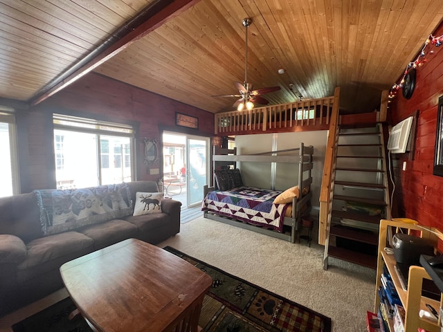 living room with carpet, a wall mounted AC, ceiling fan, and wood ceiling