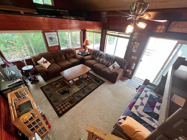 living room with lofted ceiling, ceiling fan, a wealth of natural light, and wood ceiling