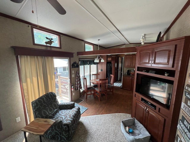 living room with ceiling fan, dark hardwood / wood-style flooring, a healthy amount of sunlight, and vaulted ceiling