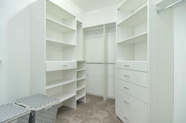 walk in closet with light carpet