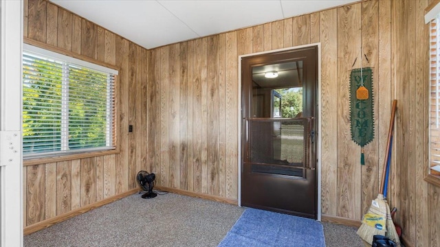 doorway featuring plenty of natural light, wood walls, and carpet floors