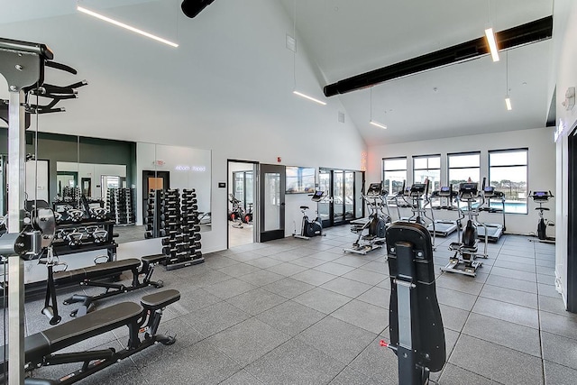 exercise room with high vaulted ceiling