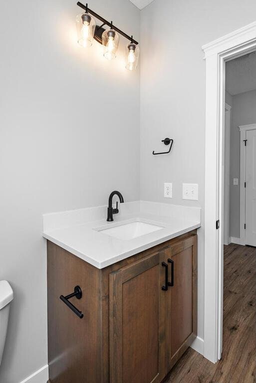 bathroom featuring toilet, vanity, and wood-type flooring