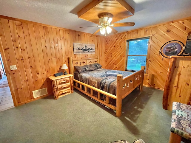 29724 387th St, Waubun, MN 56589 - carpeted bedroom featuring wooden walls and a ceiling fan
